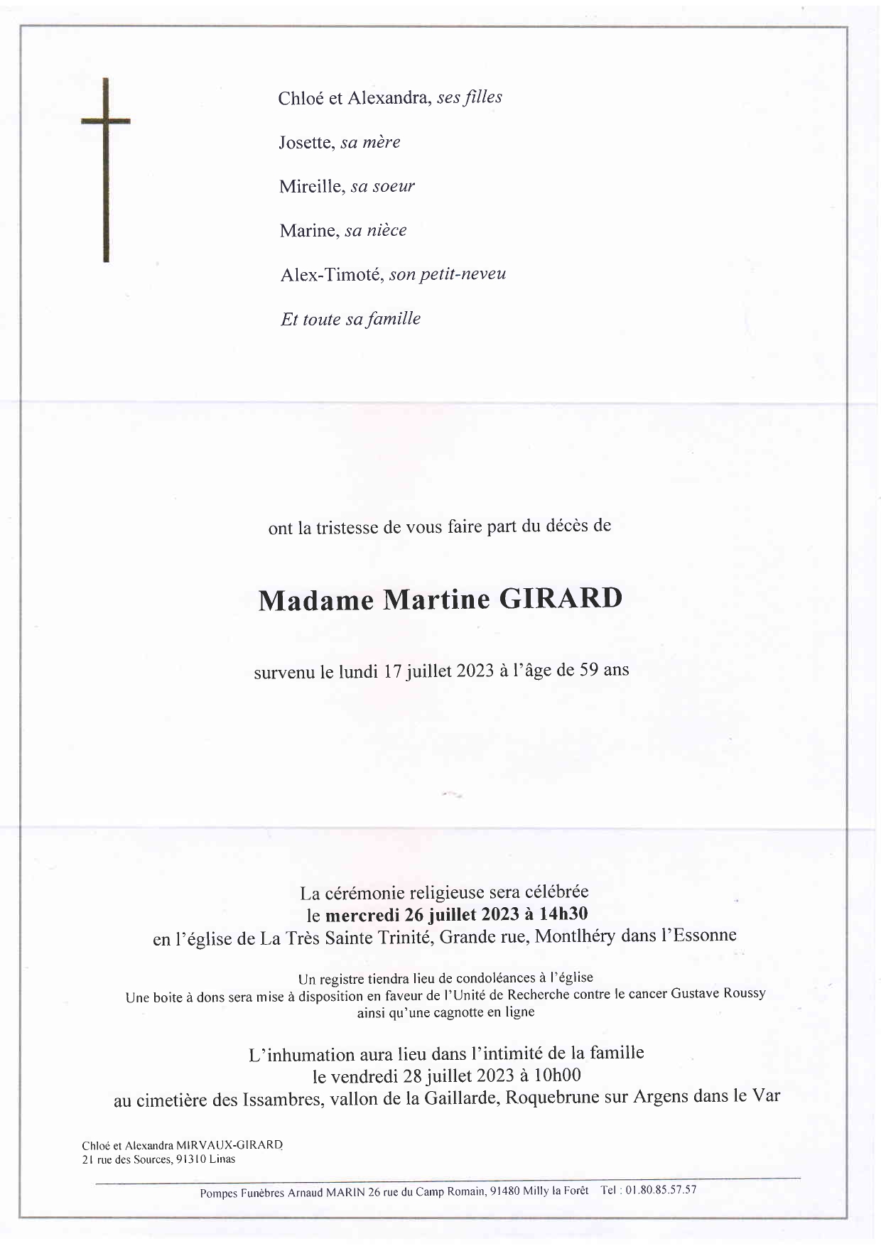 Faire part de décès Girard Martine page 0001